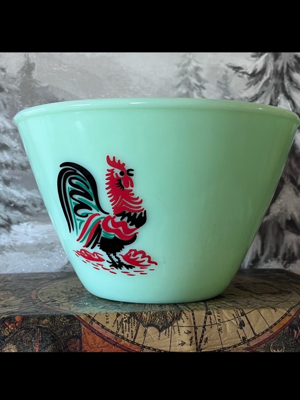 Vintage Jadeite-Style Green Glass Mixing Bowl with Rooster Decal